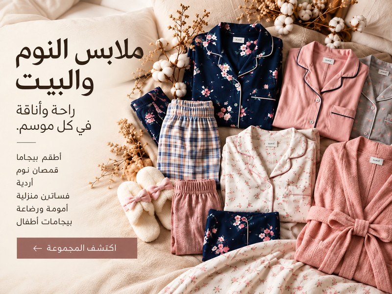 ملابس النوم والبيت — راحة وأناقة في كل موسم. أطقم بيجاما، قمصان نوم، أردية، فساتين منزلية، أمومة ورضاعة، بيجامات أطفال.