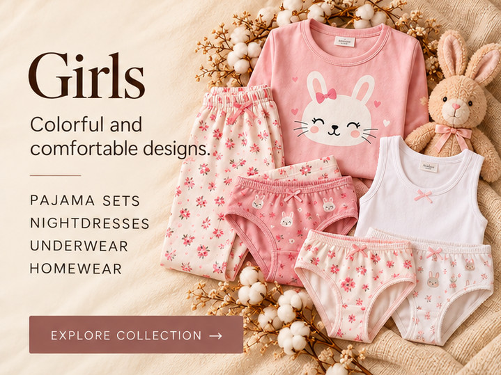 Girls — Colorful and comfortable designs. Pajama sets, nightdresses, underwear, homewear.