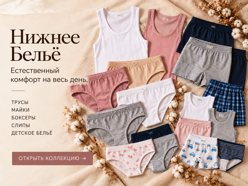 Нижнее бельё — естественный комфорт на весь день. Трусы, майки, боксеры, слипы, детское бельё.