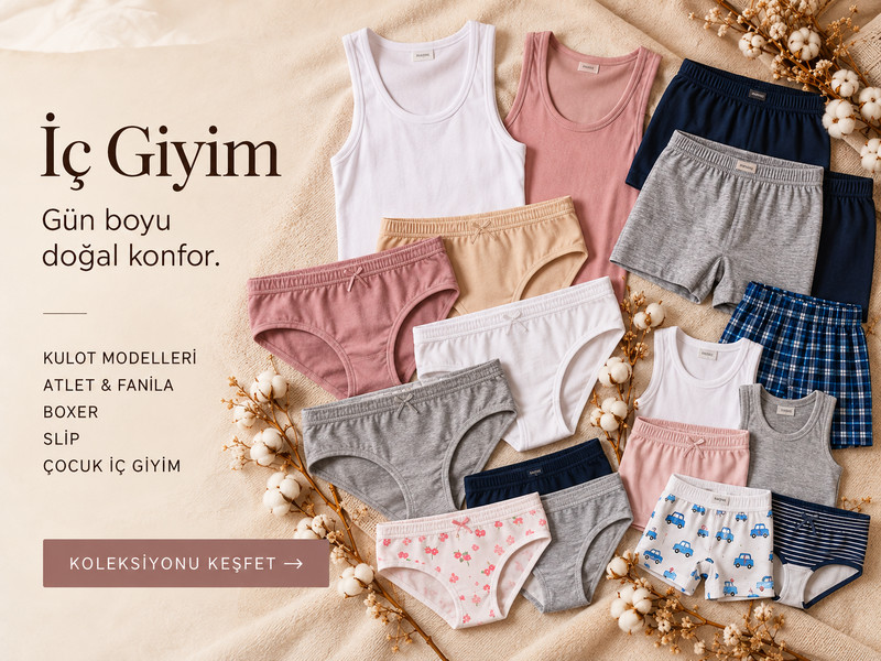İç Giyim — Gün boyu doğal konfor. Külot modelleri, atlet & fanila, boxer, slip, çocuk iç giyim.