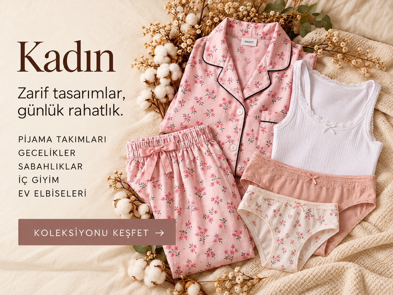 Kadın — Zarif tasarımlar, günlük rahatlık. Pijama takımları, gecelikler, sabahlıklar, iç giyim, ev elbiseleri.