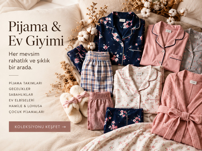 Pijama & Ev Giyimi — Her mevsim rahatlık ve şıklık bir arada. Pijama takımları, gecelikler, sabahlıklar, ev elbiseleri, hamile & lohusa, çocuk pijamaları.