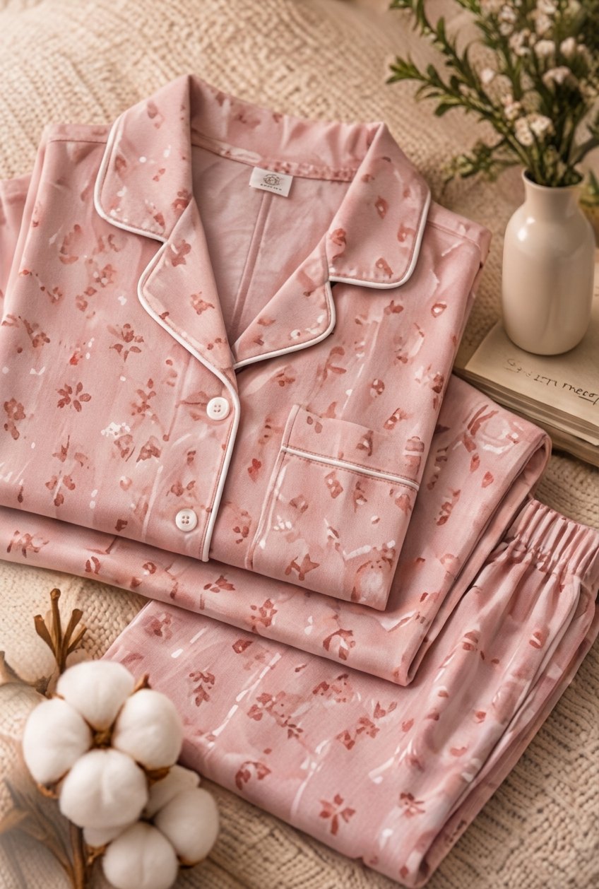 Katlanmış pembe çiçek desenli pijama takımı ve pamuk